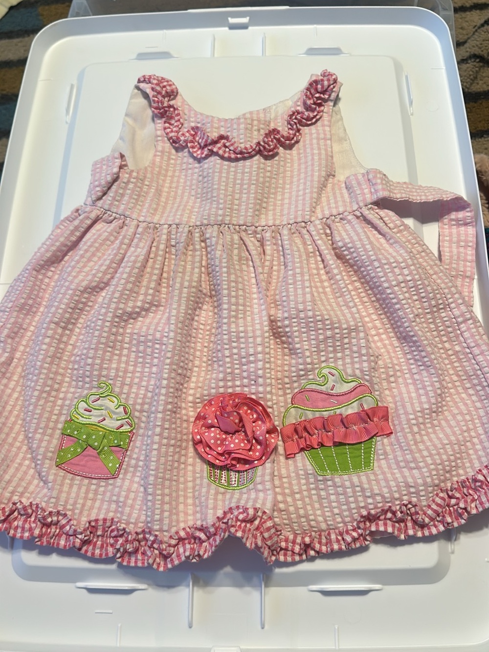 Girls Pink Cupcake Appliqué Seersucker Dress